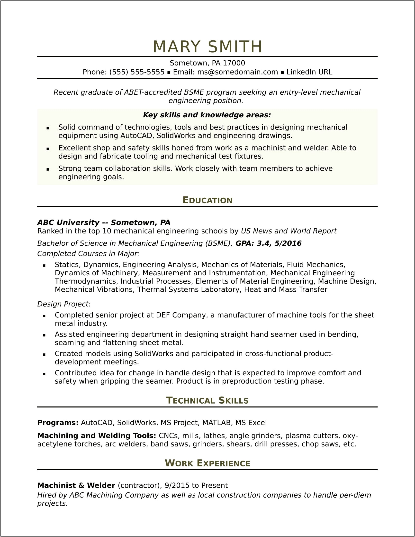 Resume Objective Mechanical Engineering Internship