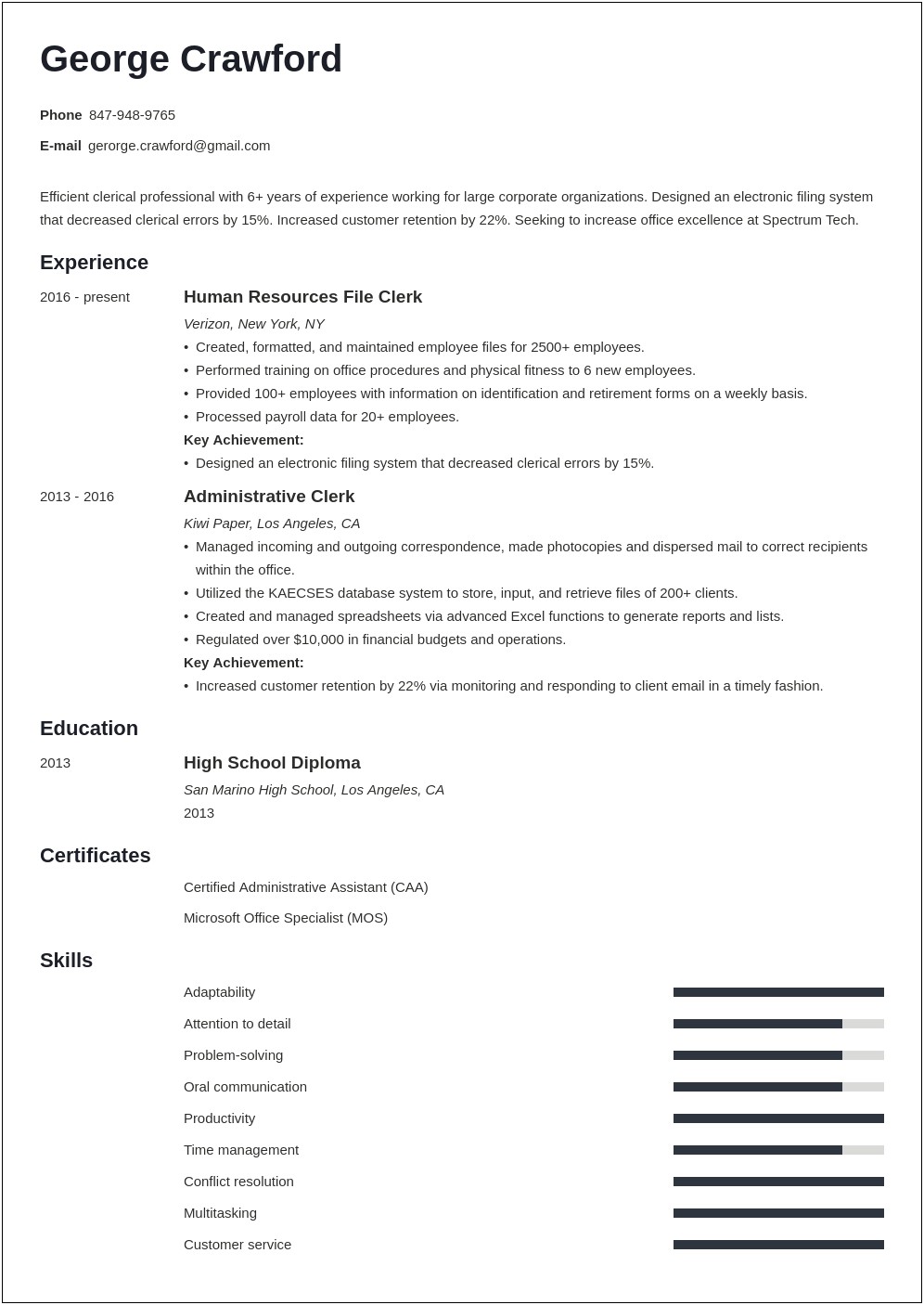 Resume Objective Sample For Clerical