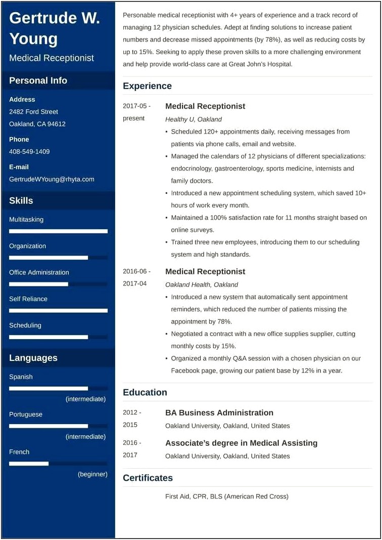 Resume Objective Sample For Medical Receptionist