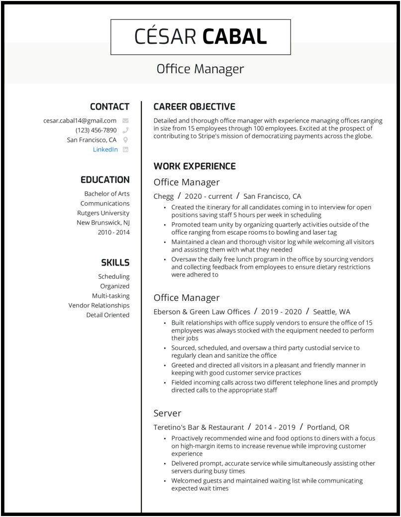 Resume Objective Sample For Office Staff