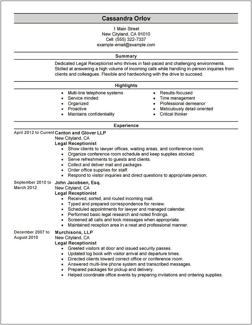 Resume Objective Sample For Spa Receptionist