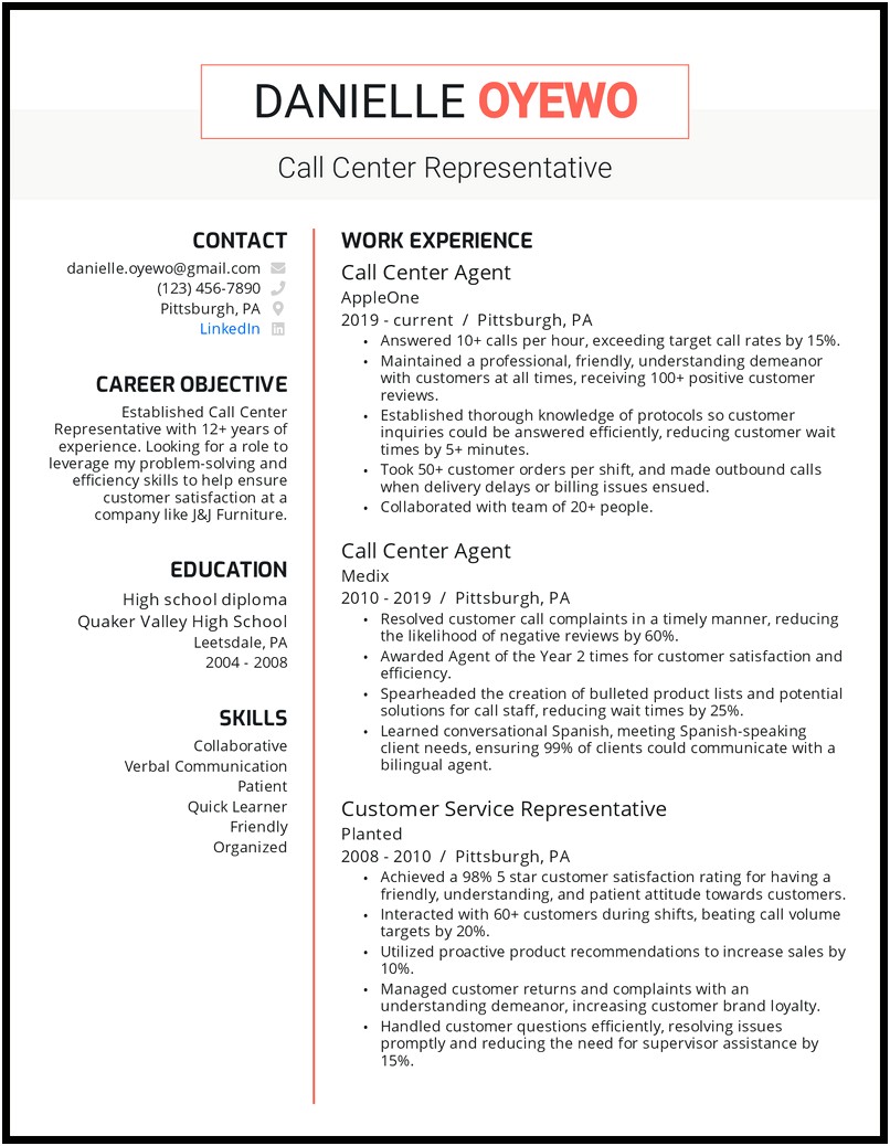 Resume Objective Samples For Call Center