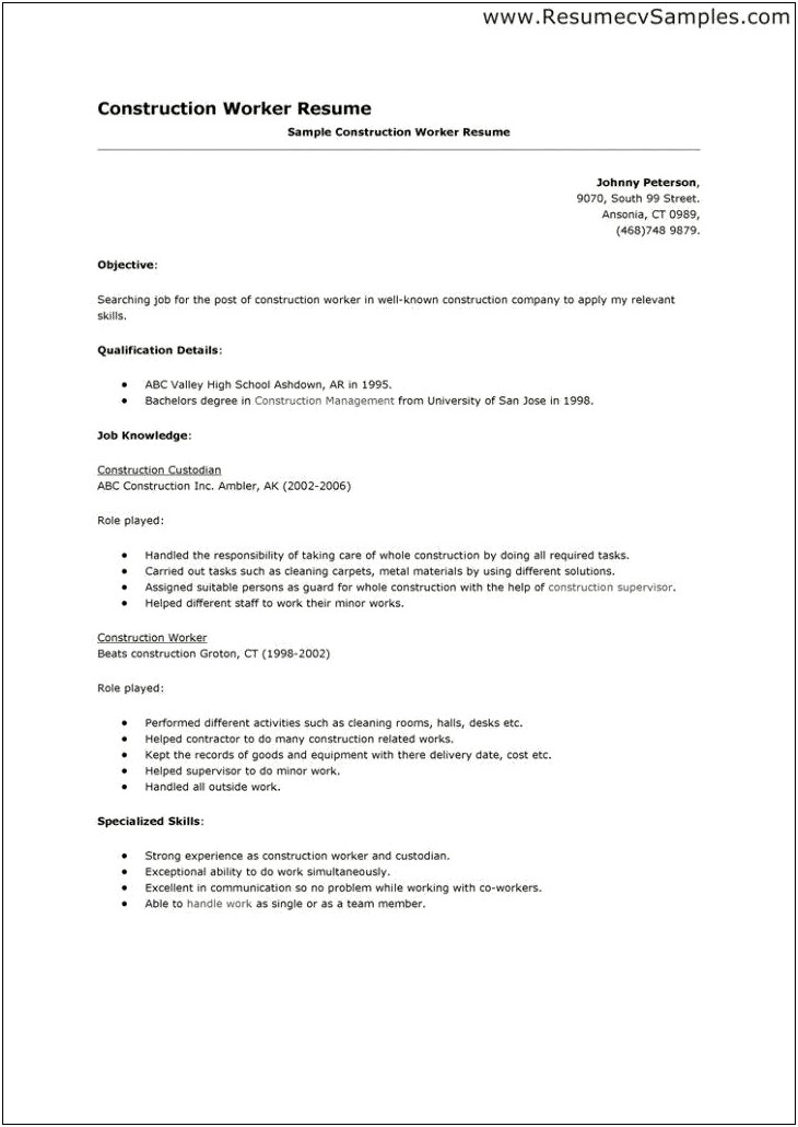 Resume Objective Samples For Construction