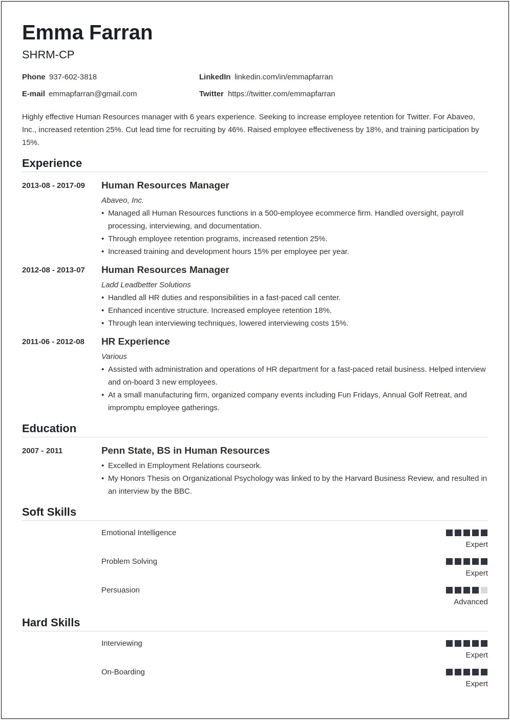 Resume Objective Samples For Human Resources