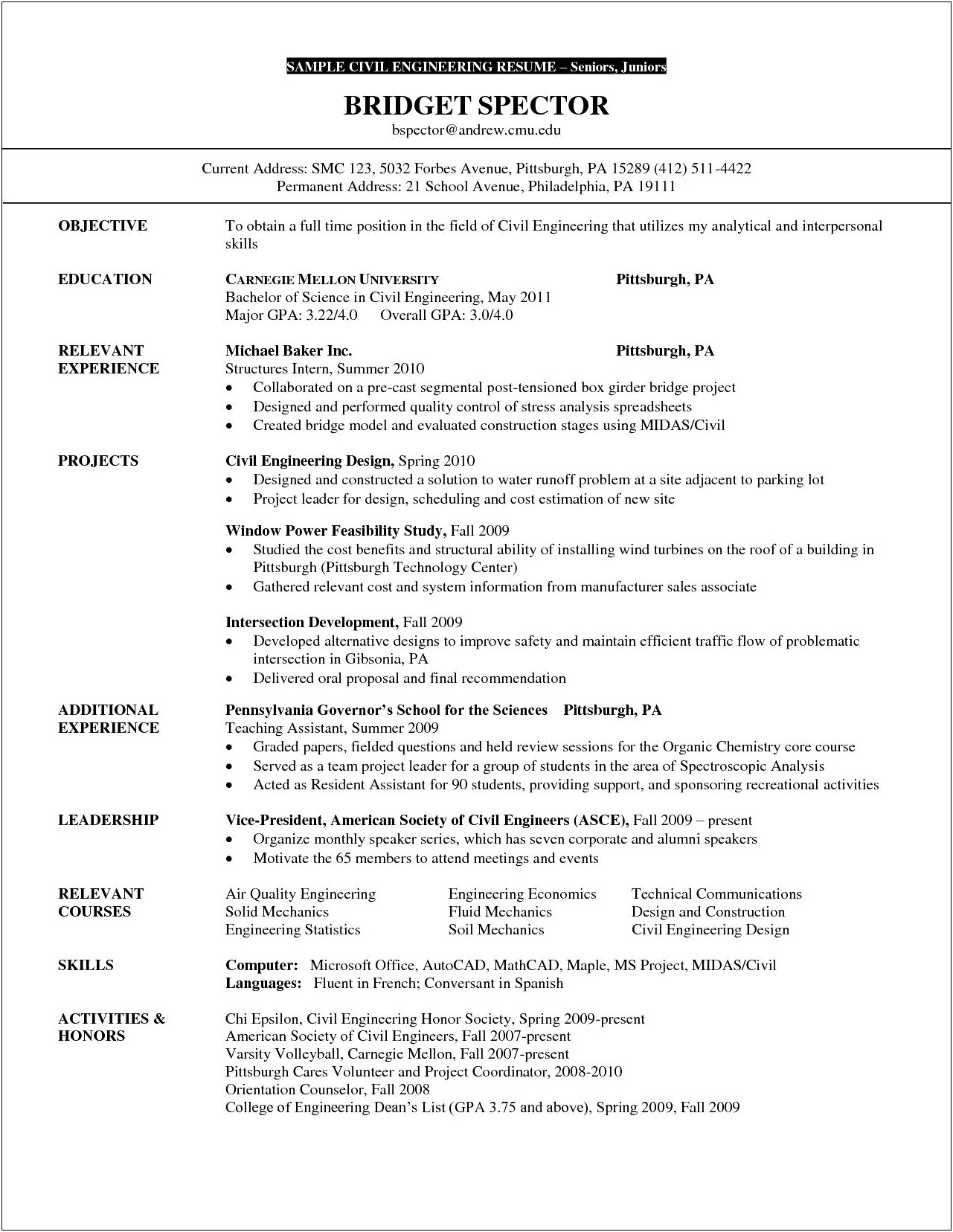 Resume Objective Statement Engineering Internship