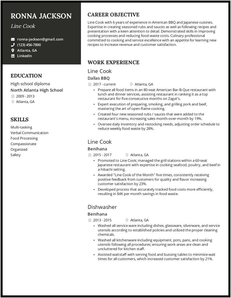 Resume Objective Statement Example Cook