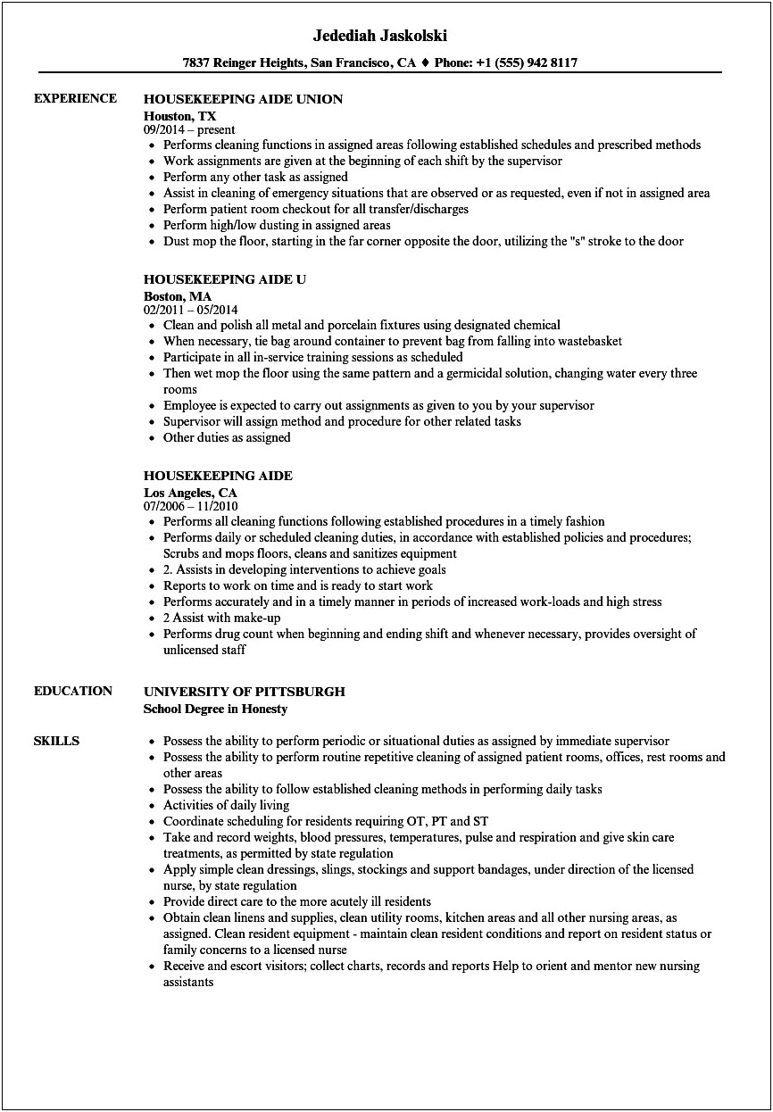 Resume Objective Statement Examples For Housekeeping