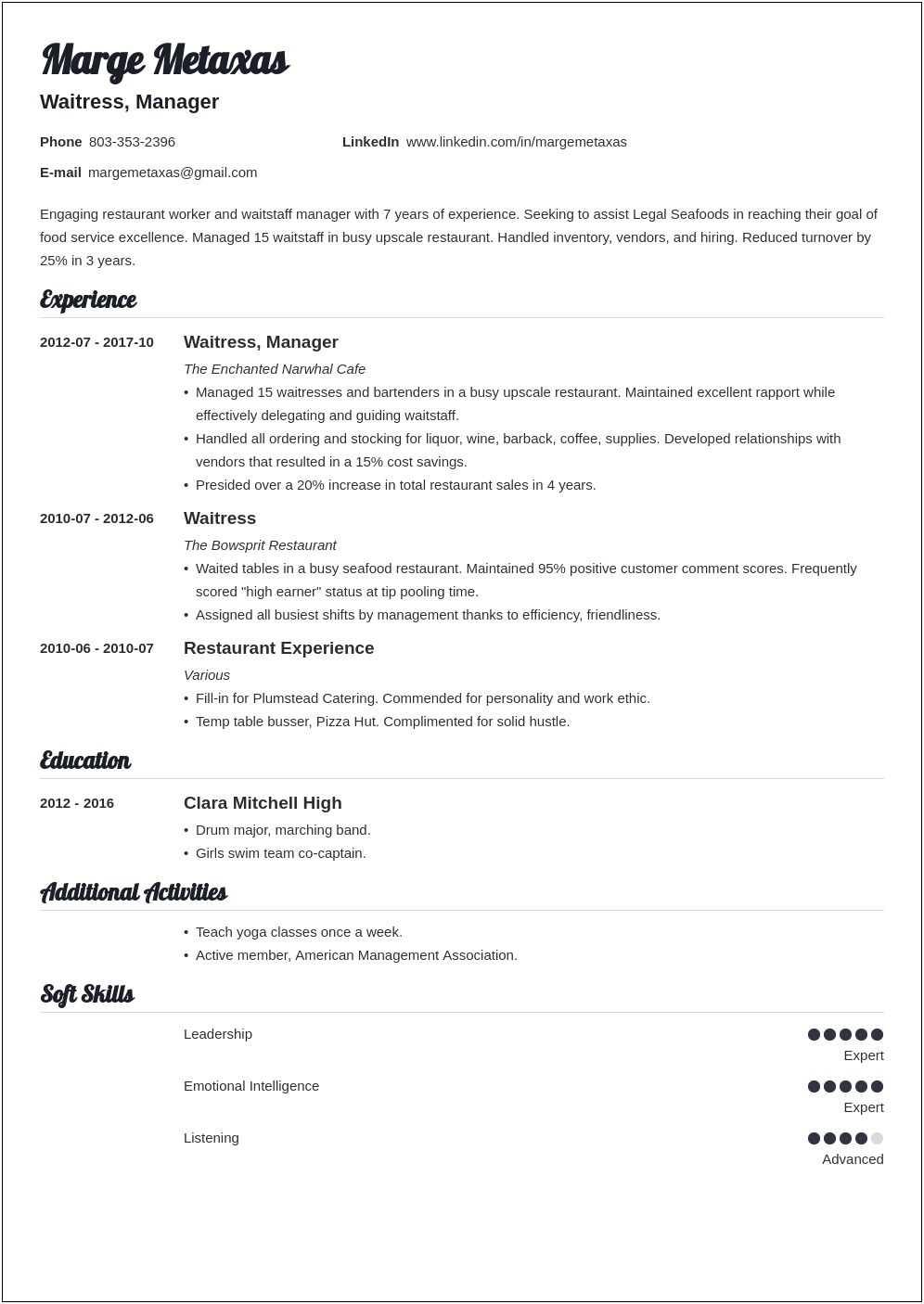 Resume Objective Statement Examples For Restaurant