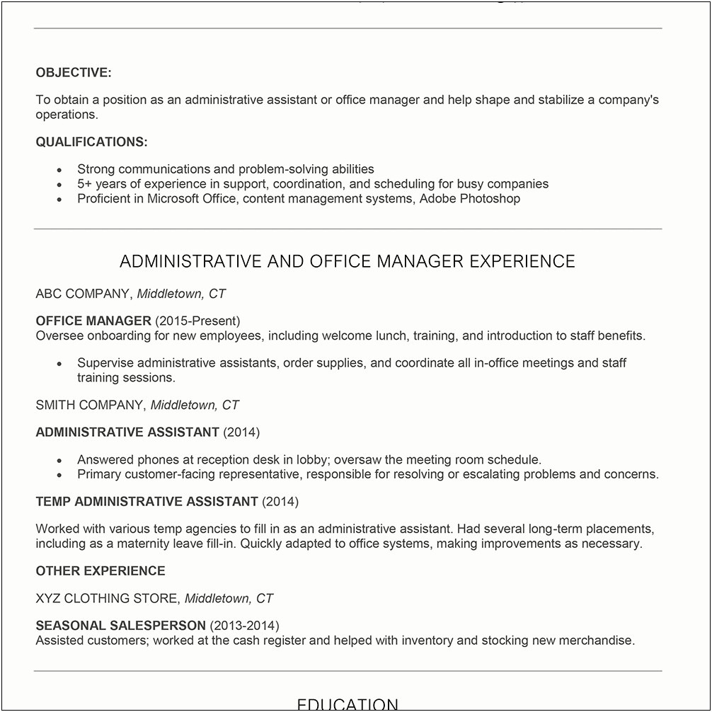Resume Objective Statement For Administrative Position