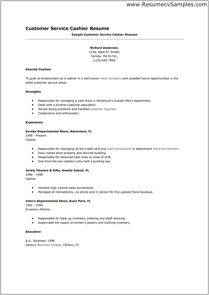 Resume Objective Statement For Cashier
