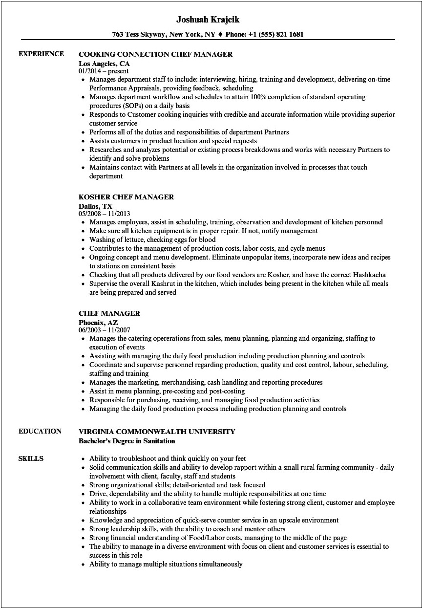 Resume Objective Statement For Chef