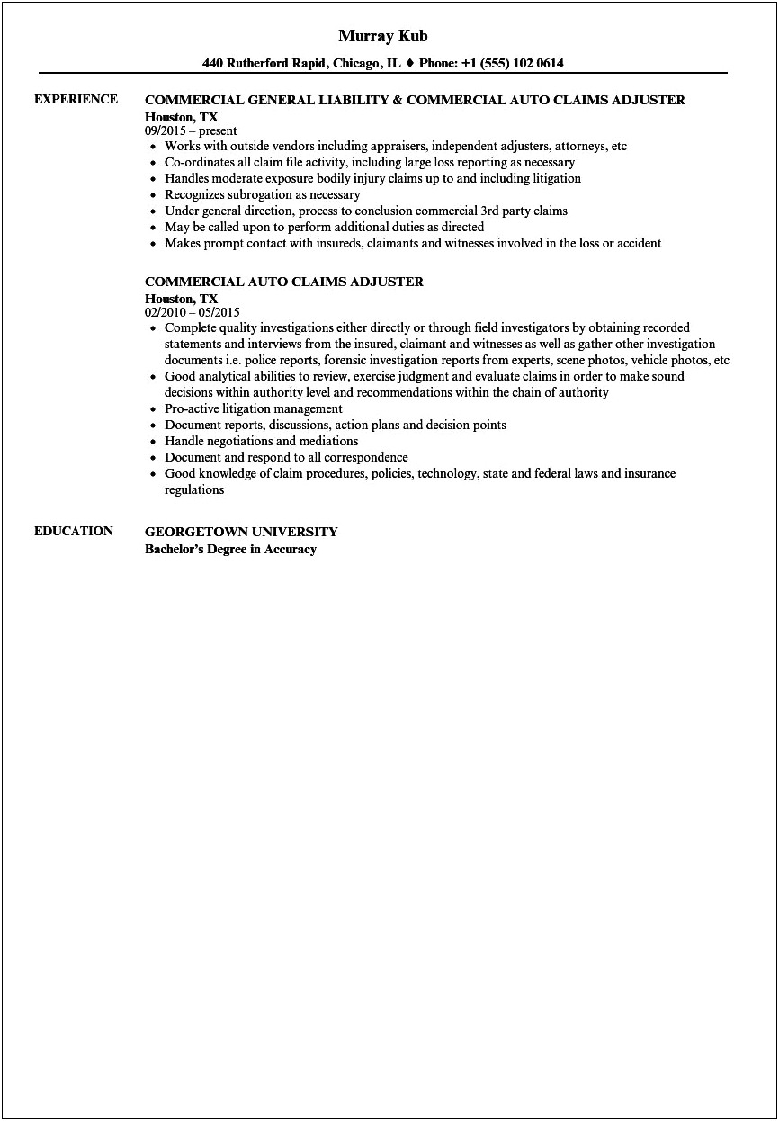 Resume Objective Statement For Claims Adjuster