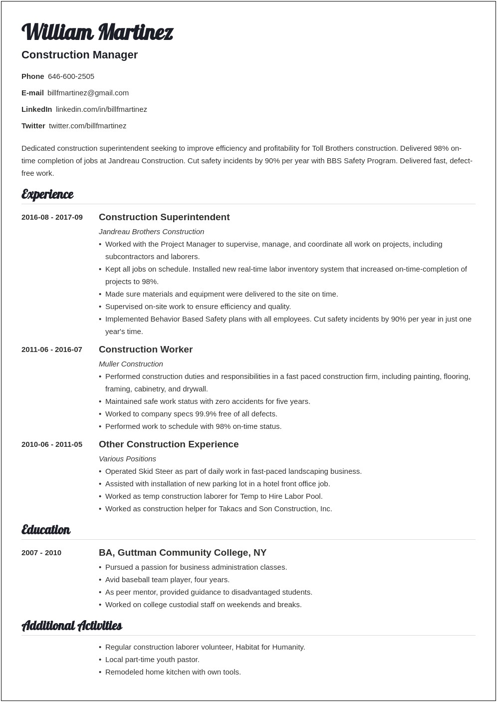 Resume Objective Statement For Construction