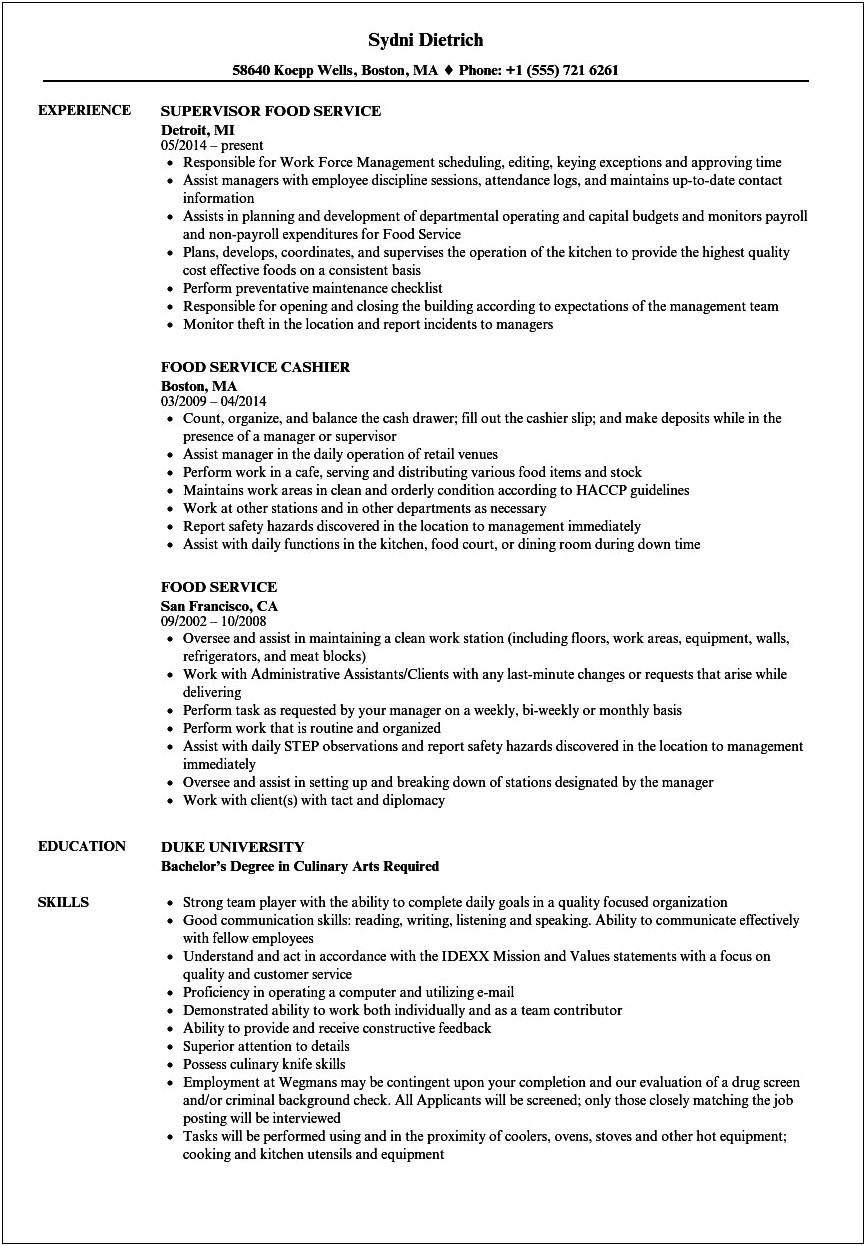 Resume Objective Statement For Food Service Position
