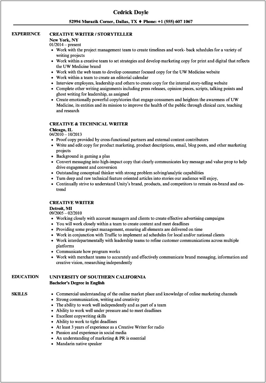Resume Objective Statement For Writer