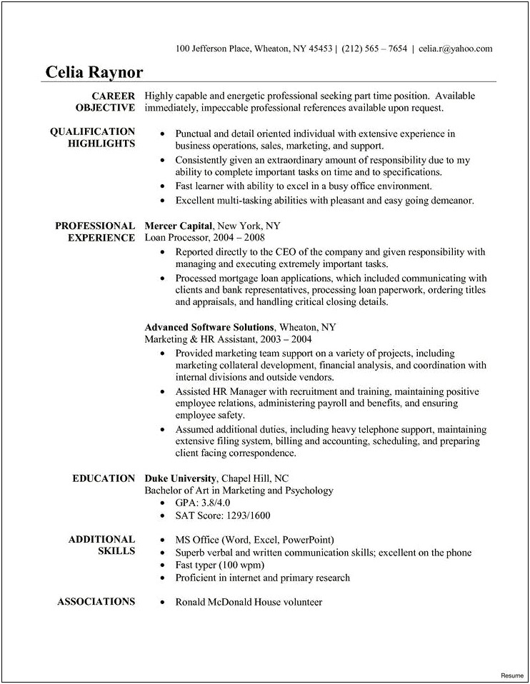 Resume Objective Statement Summer Job
