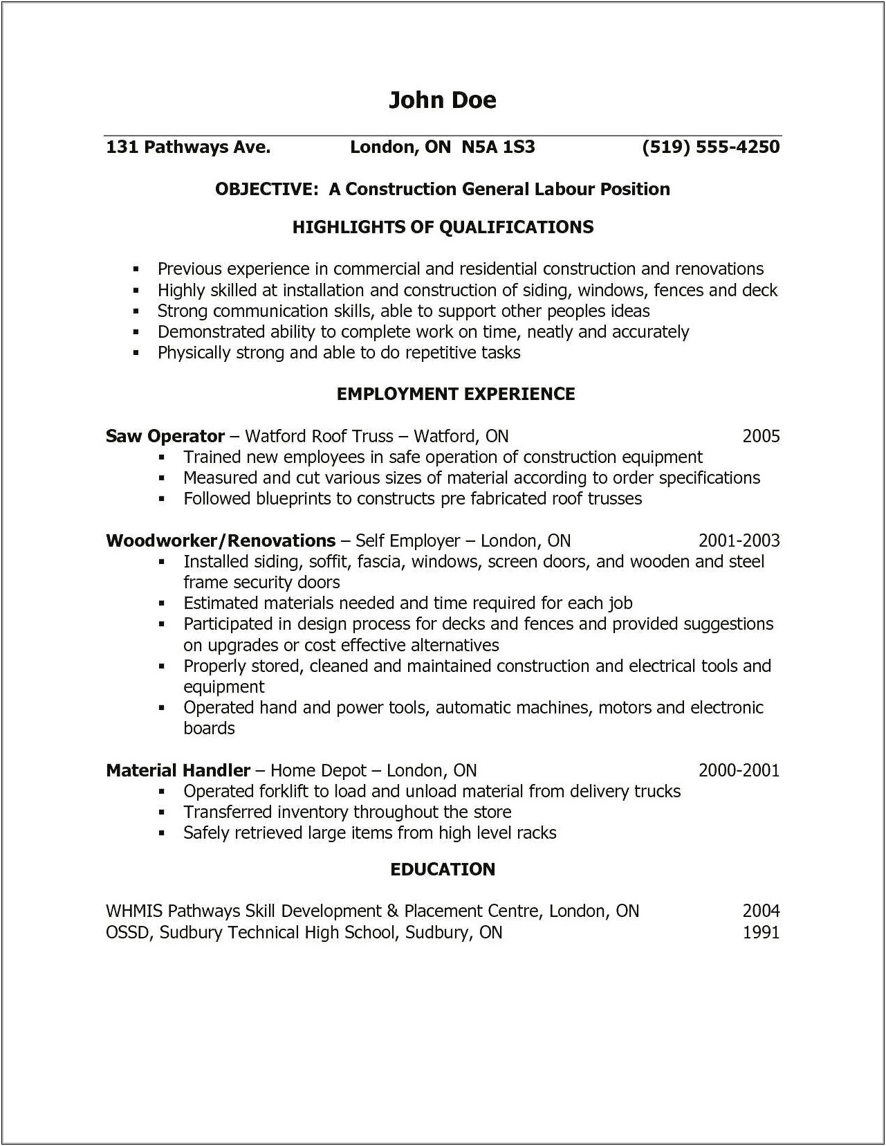 Resume Objective Statements For General Labor