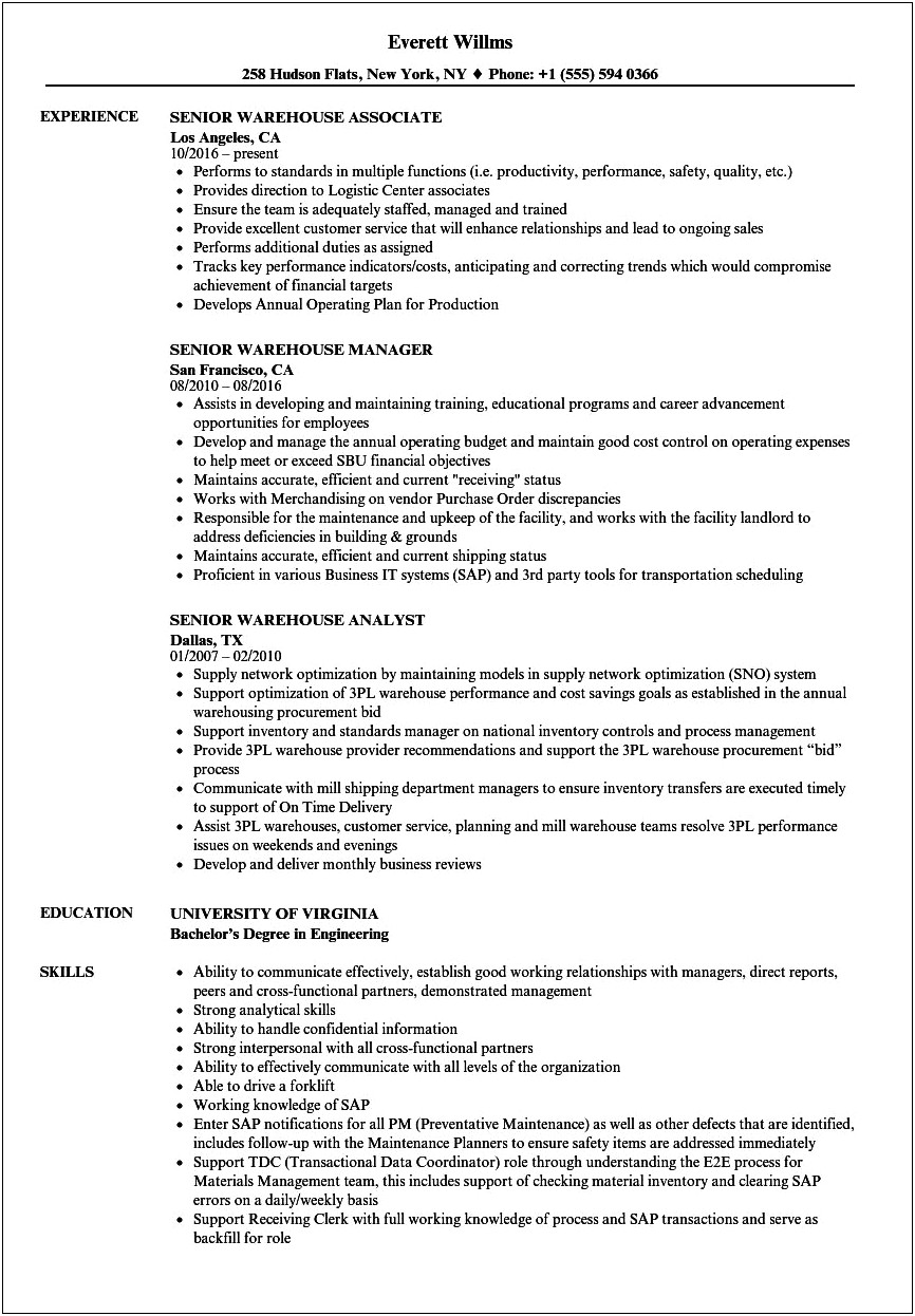 Resume Objective Statements For Warehouse