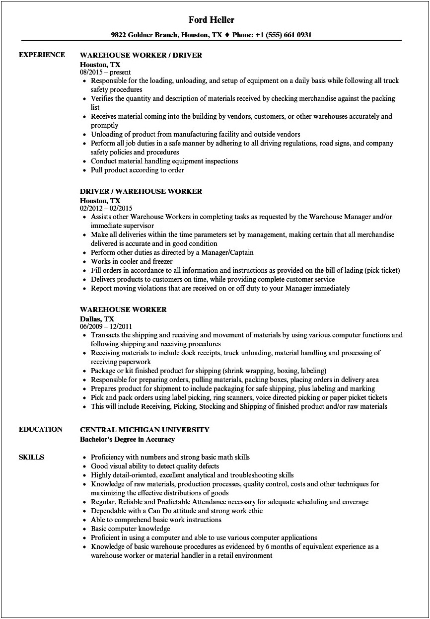 Resume Objective Template For Warehouse