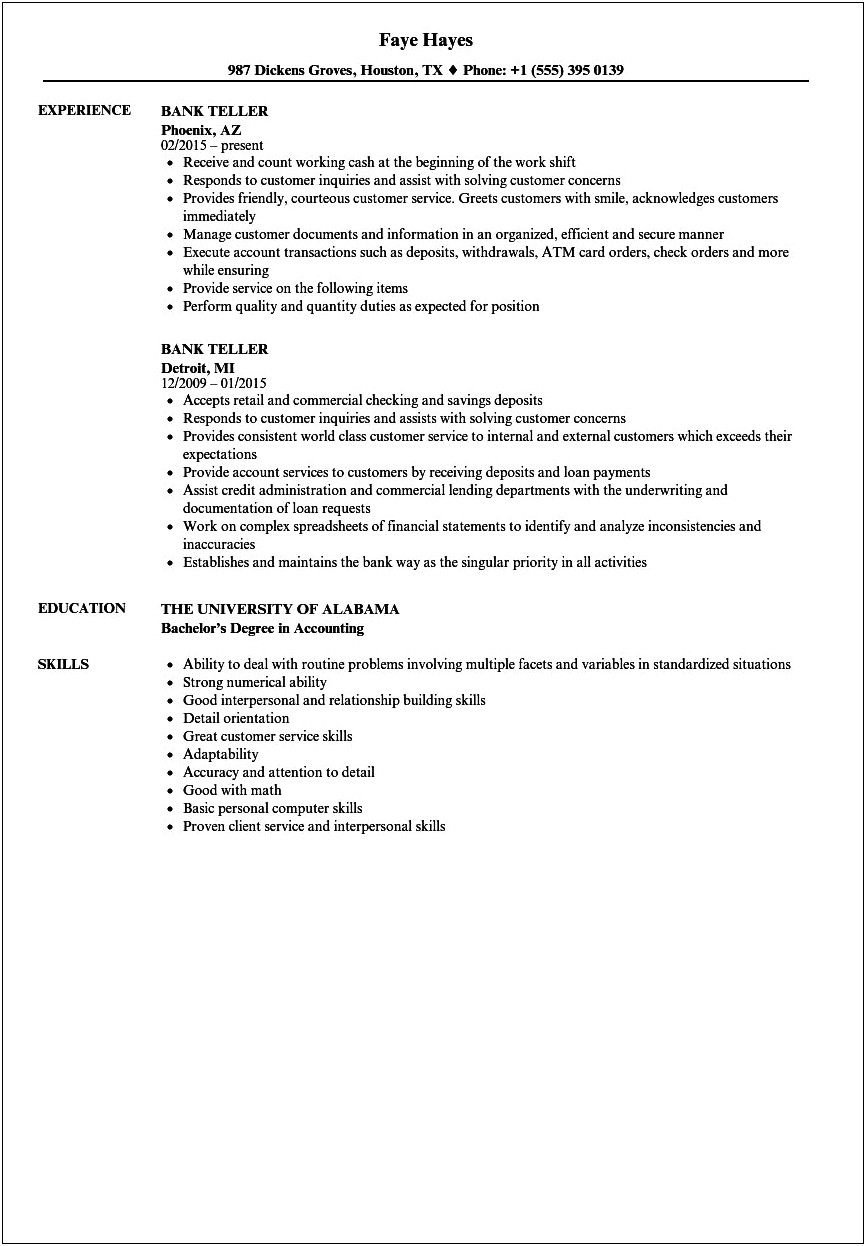 Resume Objective To Work As A Bank Teller