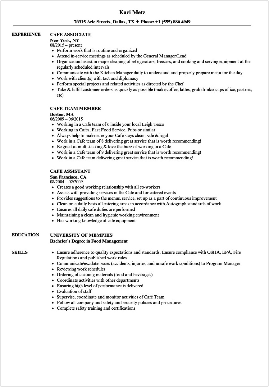 Resume Objective To Work In A Restaurant