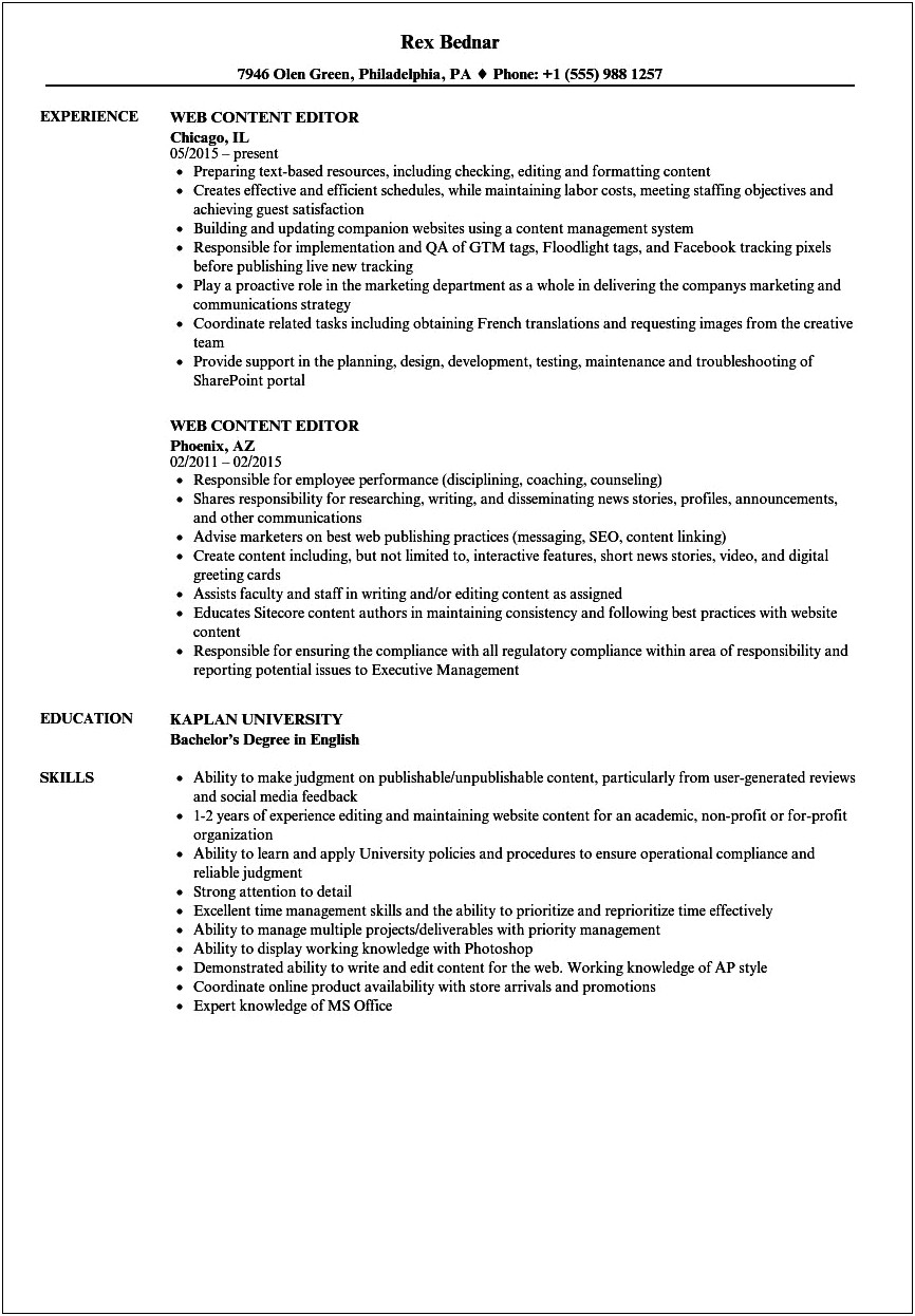Resume Objectives Examples For Content Editor