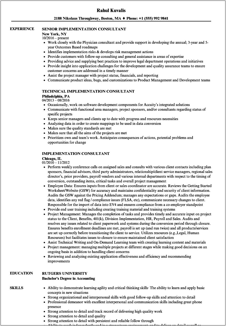 Resume Objectives Examples For Implementation Consultants