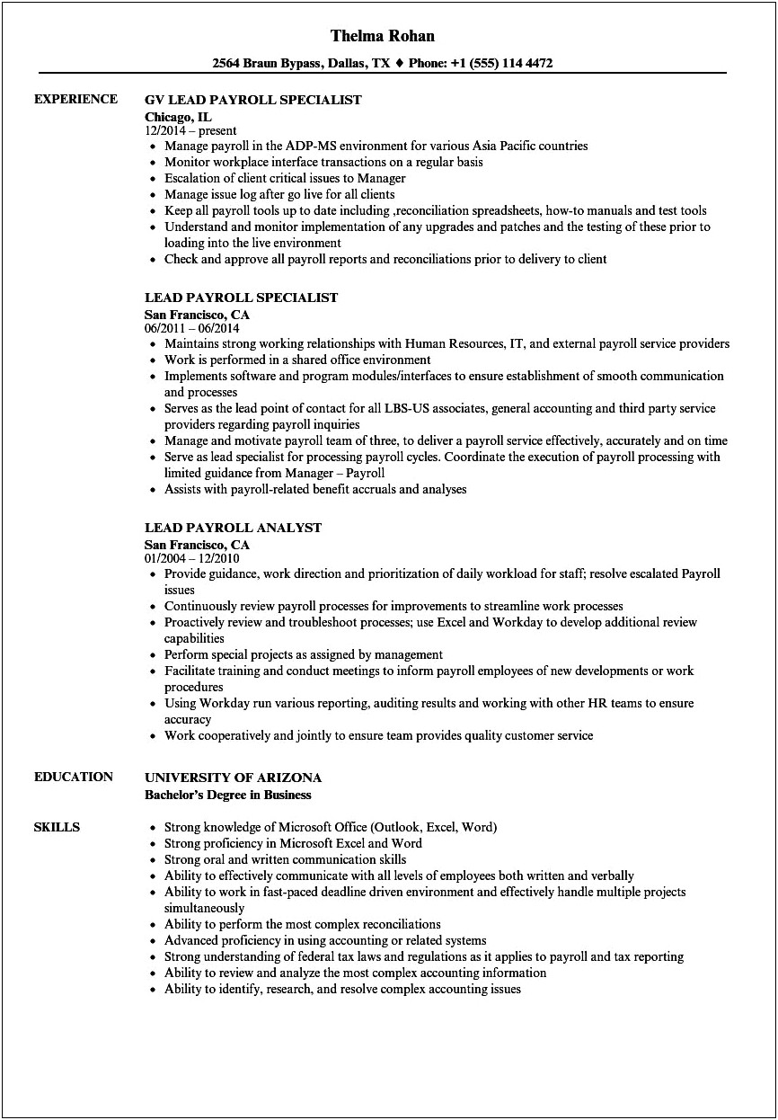 Resume Objectives For A Payroll Position