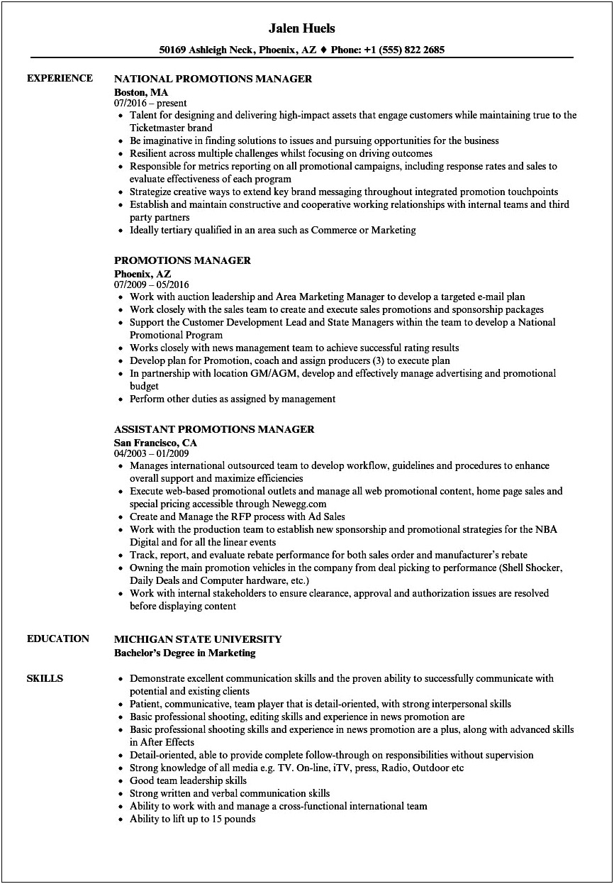 Resume Objectives For A Promotion