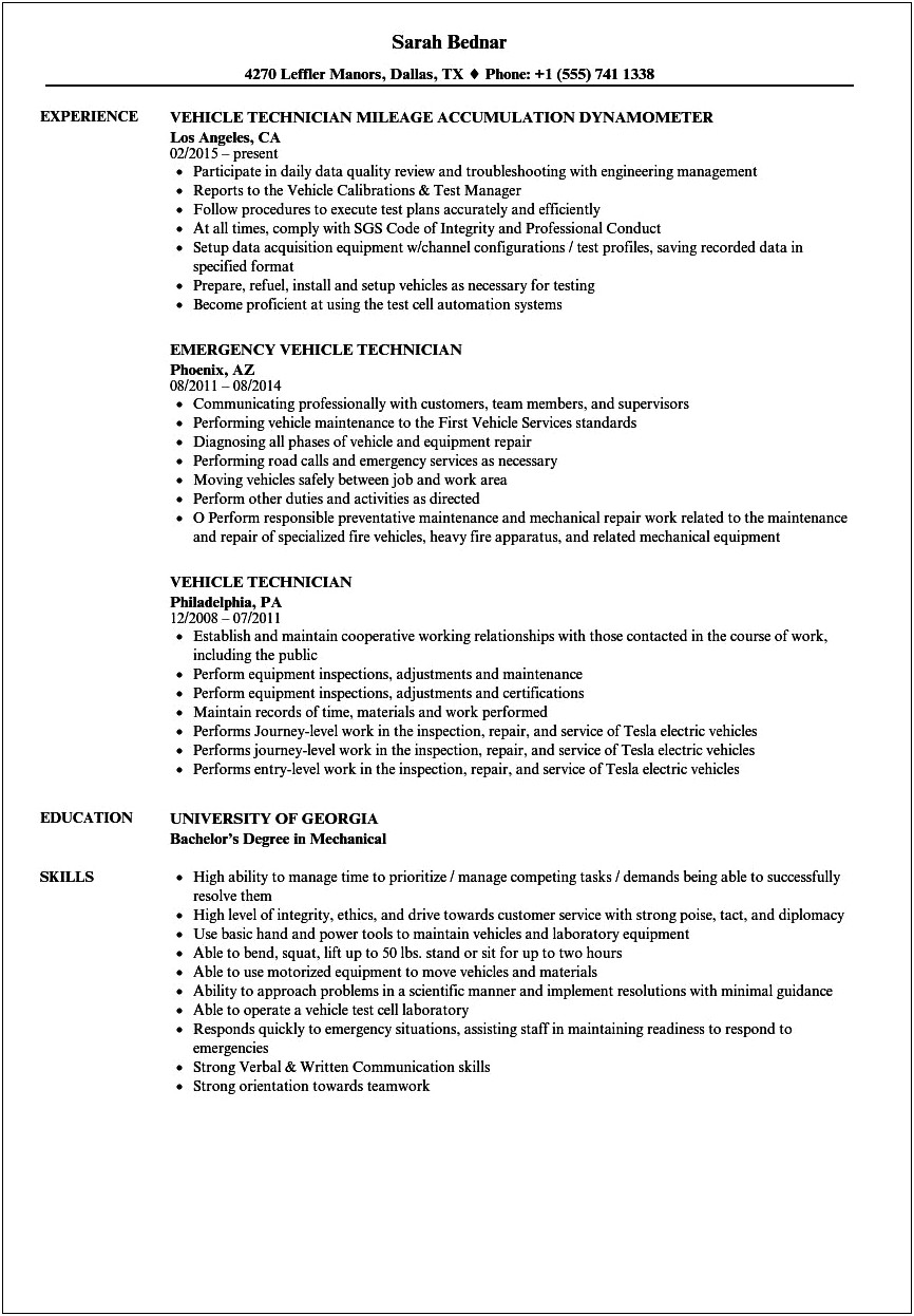Resume Objectives For Automotive Technicians
