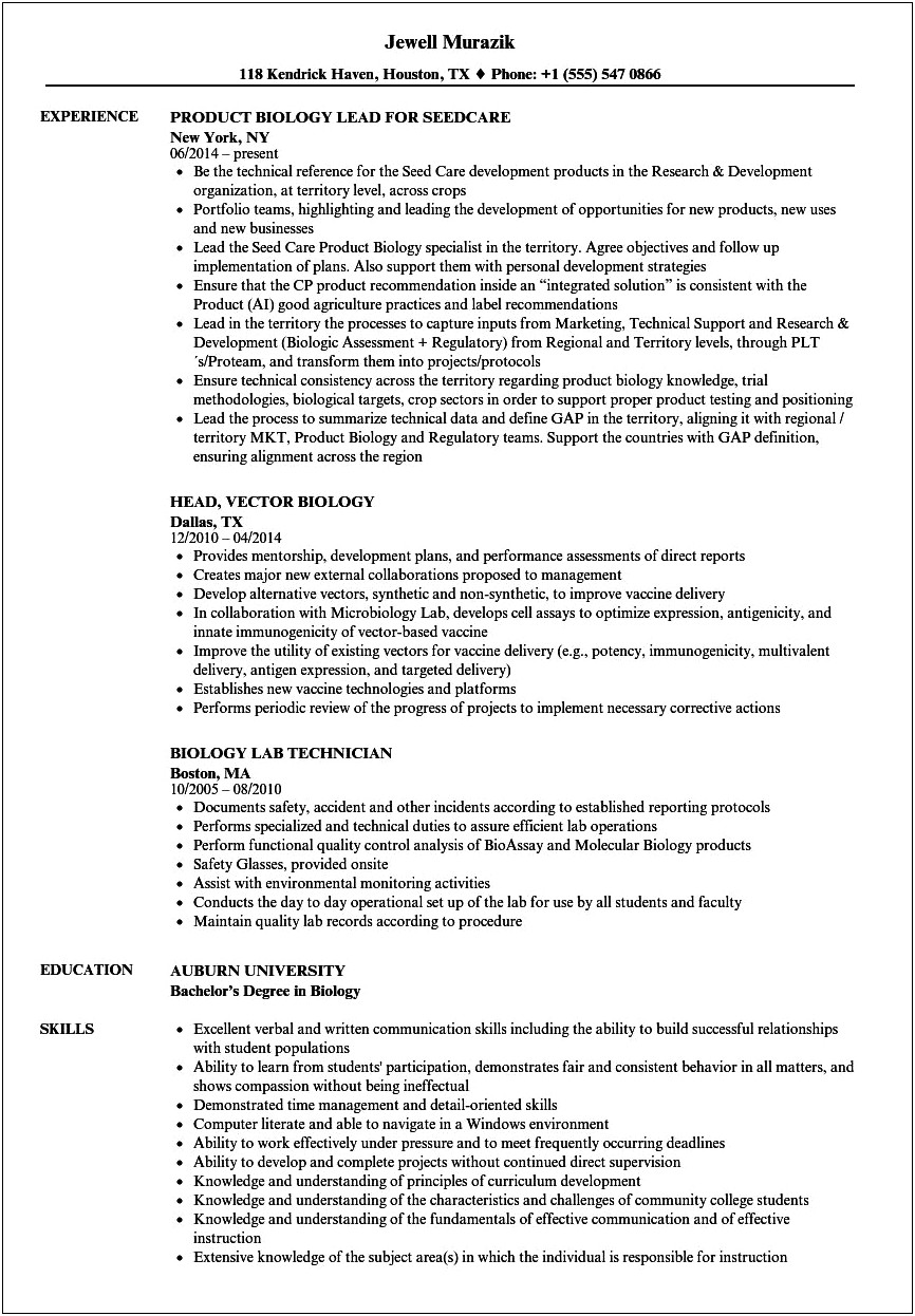 Resume Objectives For Biology Majors