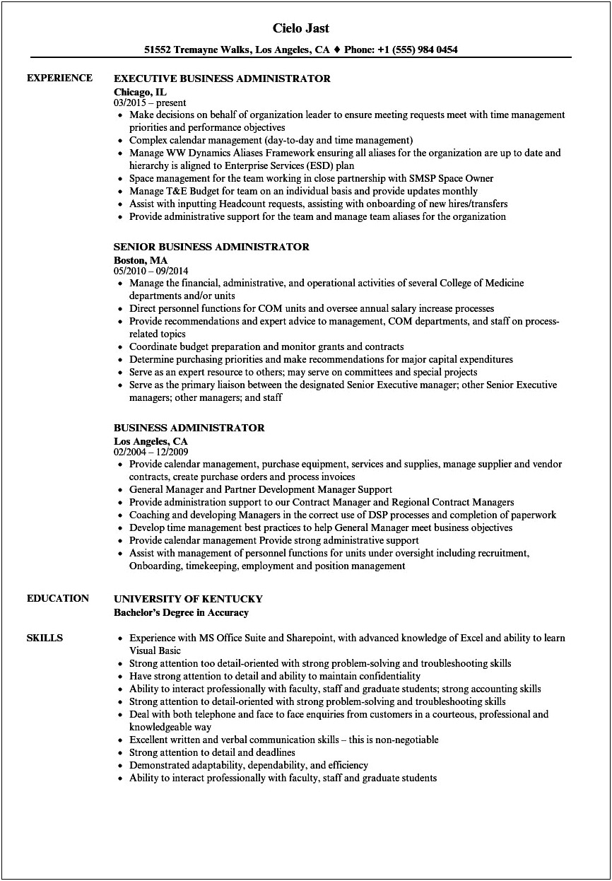 Resume Objectives For Business Administration Student