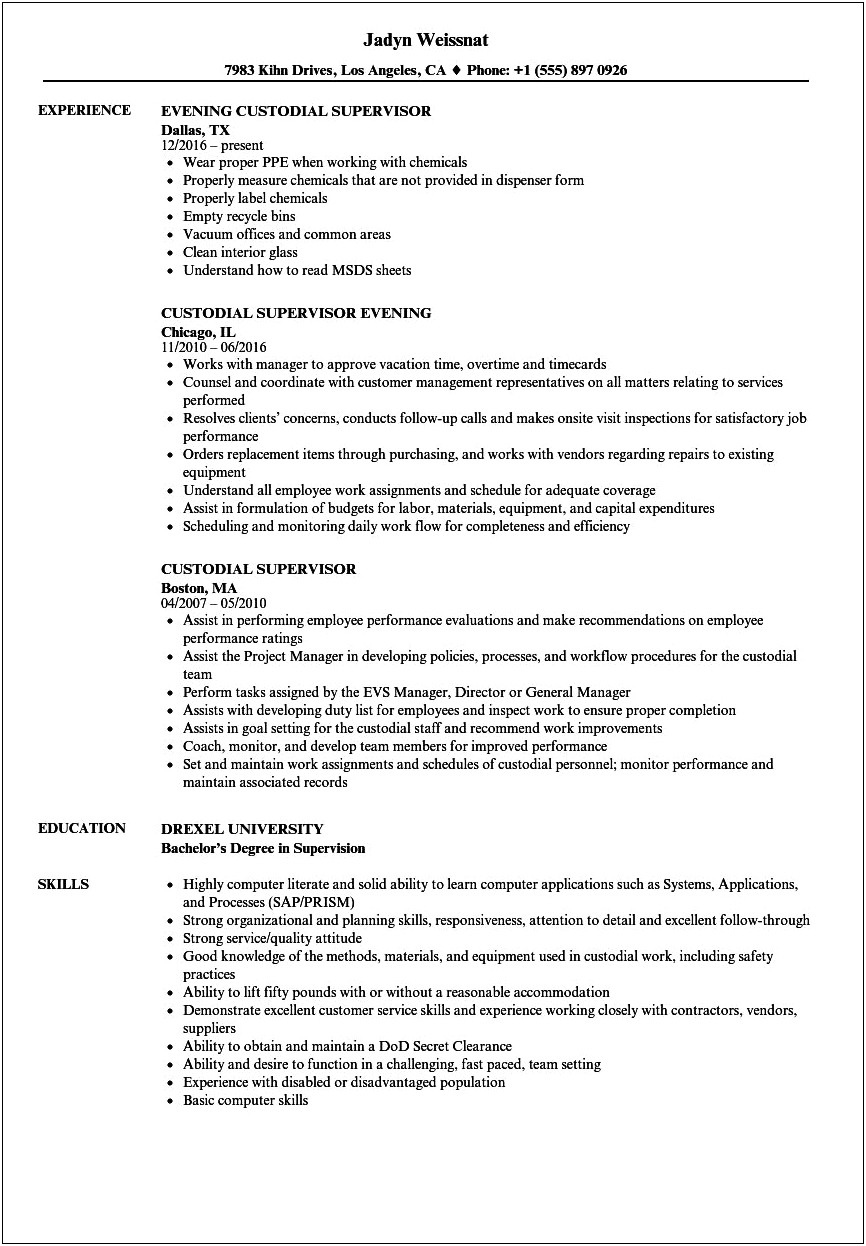 Resume Objectives For Custodial Work