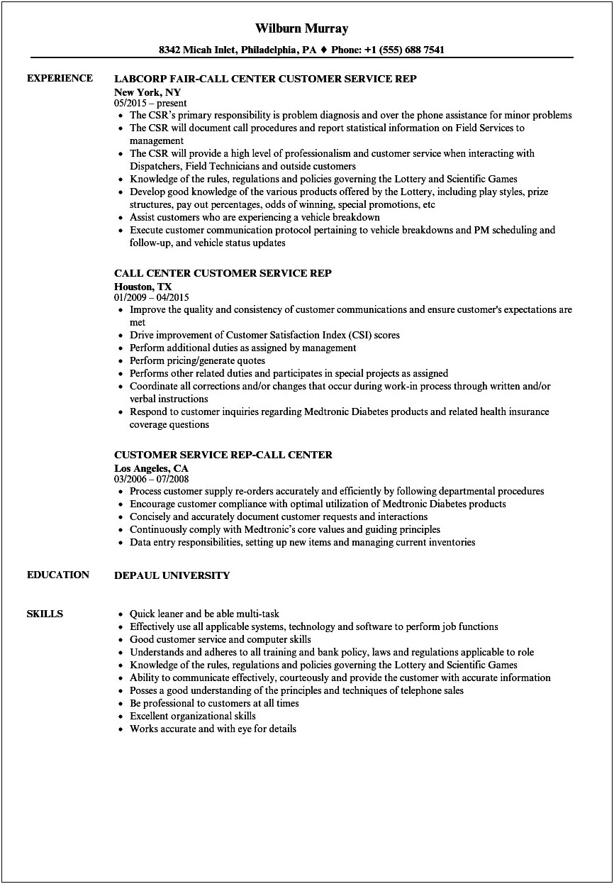 Resume Objectives For Customer Service Example