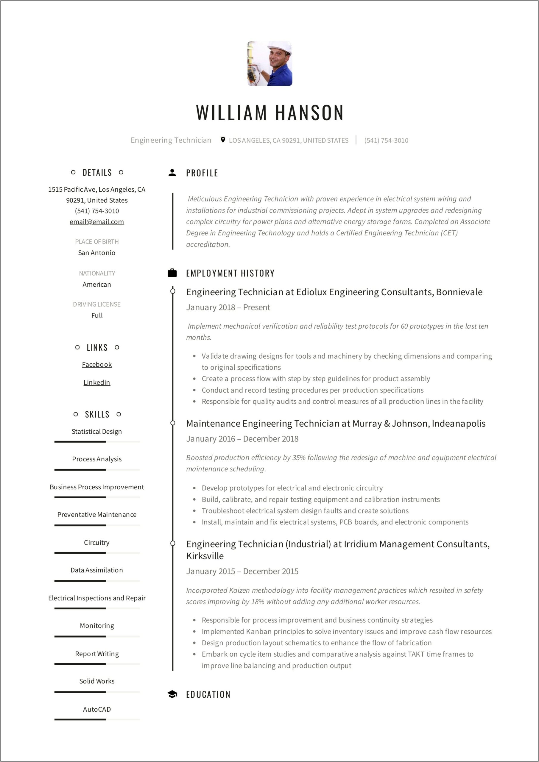 Resume Objectives For Engineering Technician Position