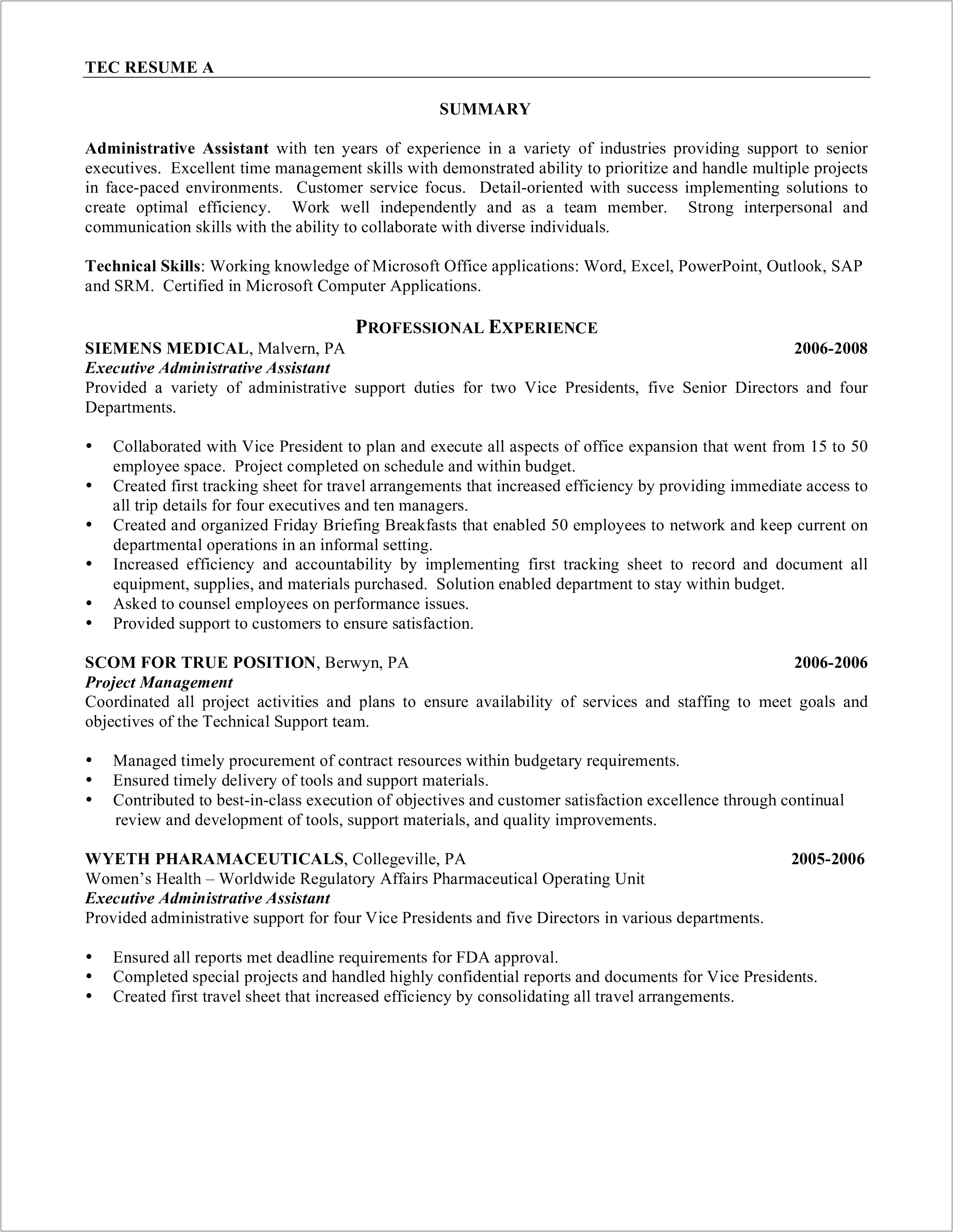 Resume Objectives For Executive Administrative Assistant