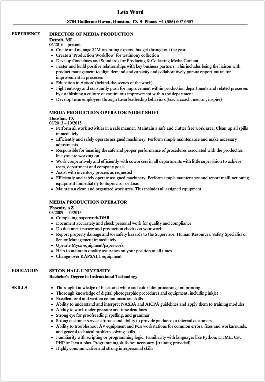 Resume Objectives For Film Production Assistant