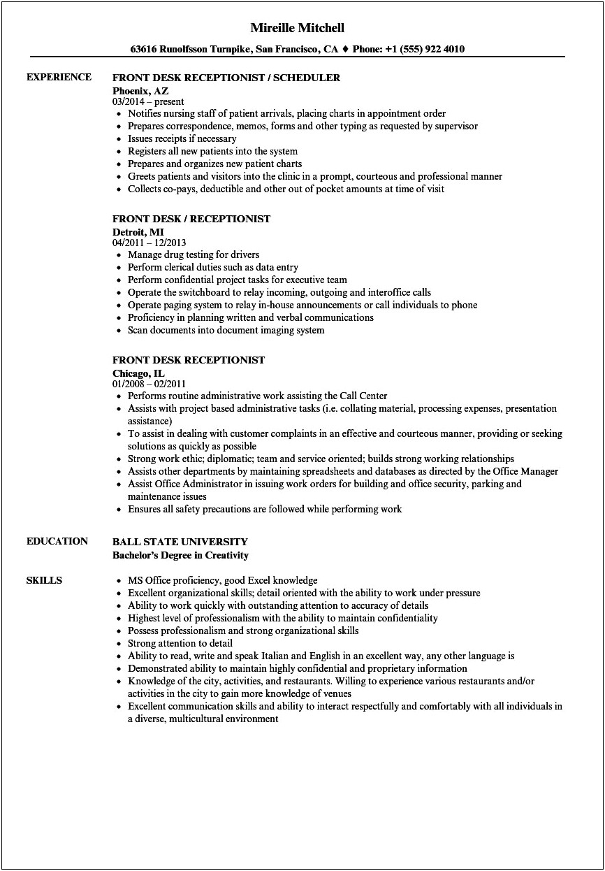 Resume Objectives For Front Desk Receptionist