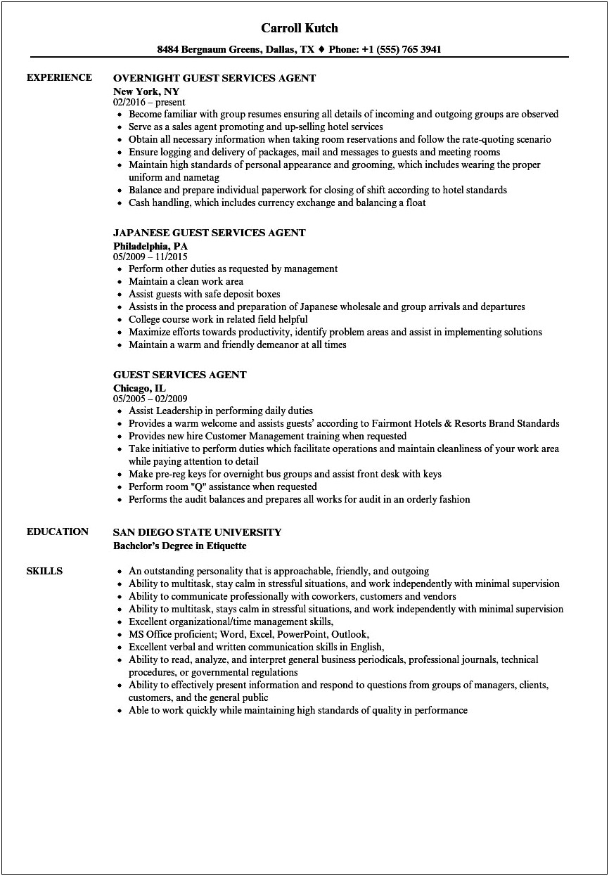 Resume Objectives For Hospitality And Customer Service