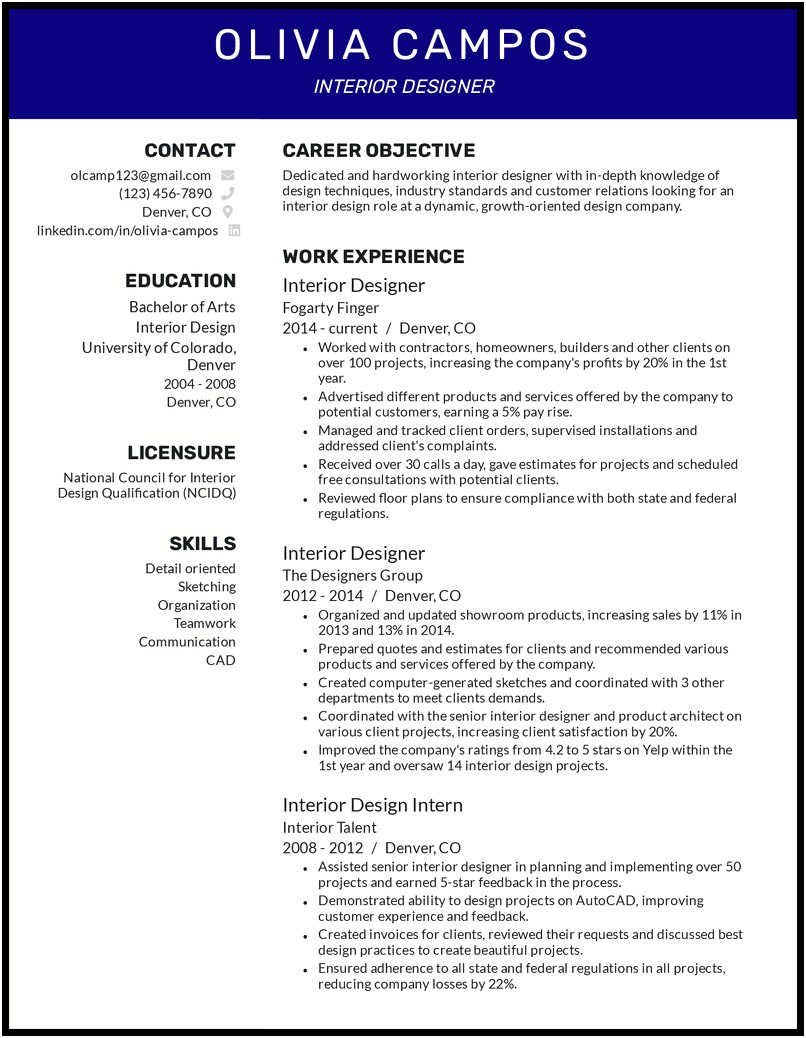 Resume Objectives For Interior Designers