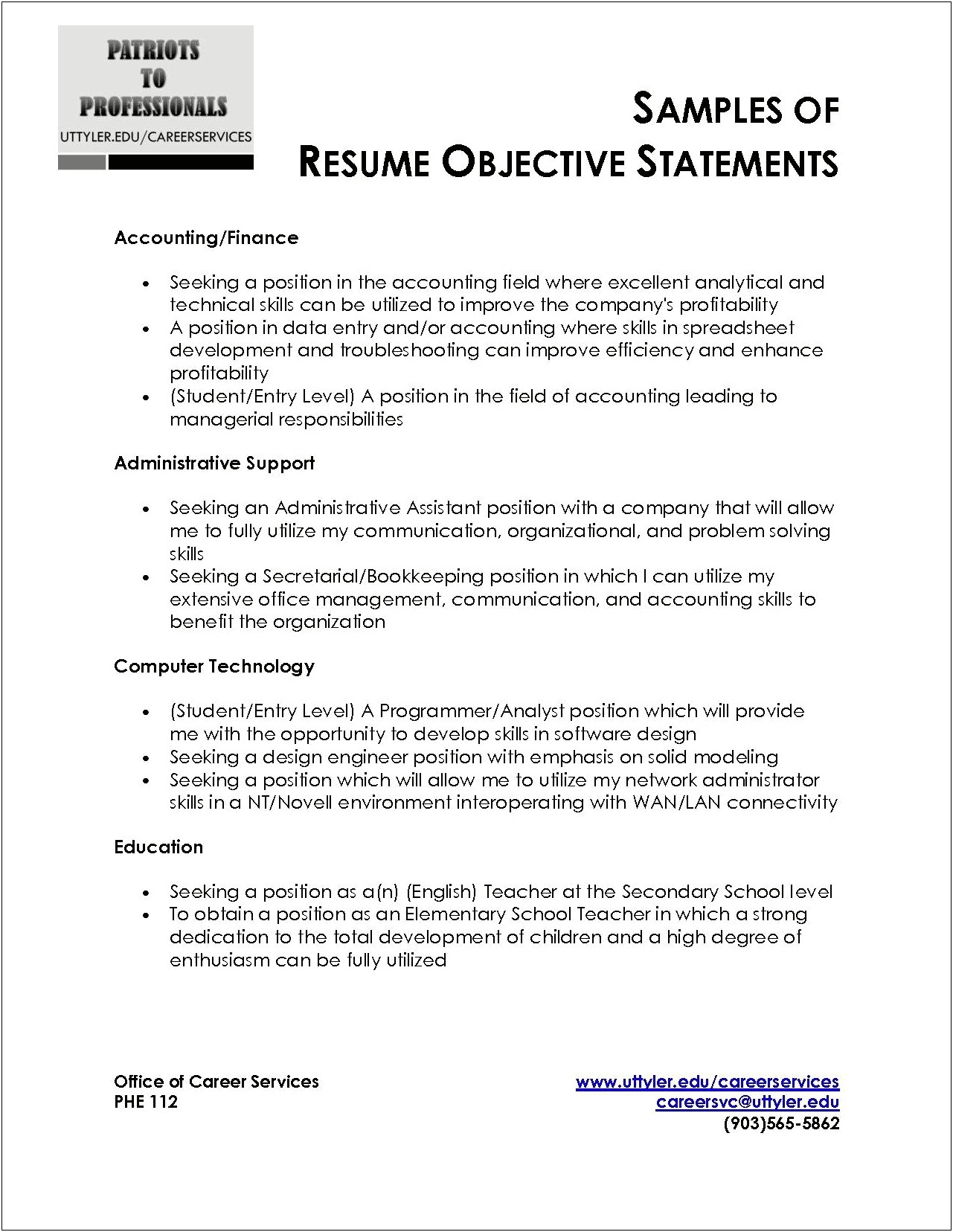 Resume Objectives For Internship Position