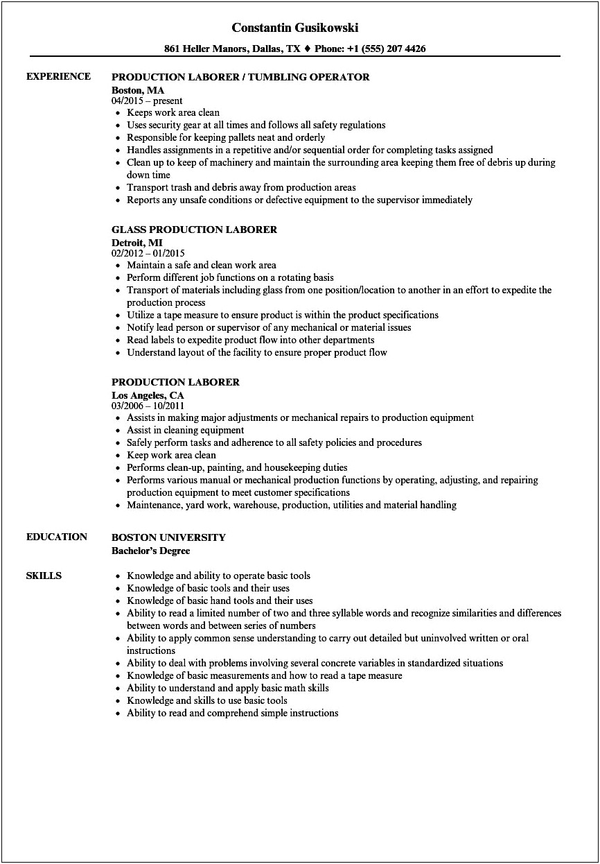 Resume Objectives For Laborer In Pottery