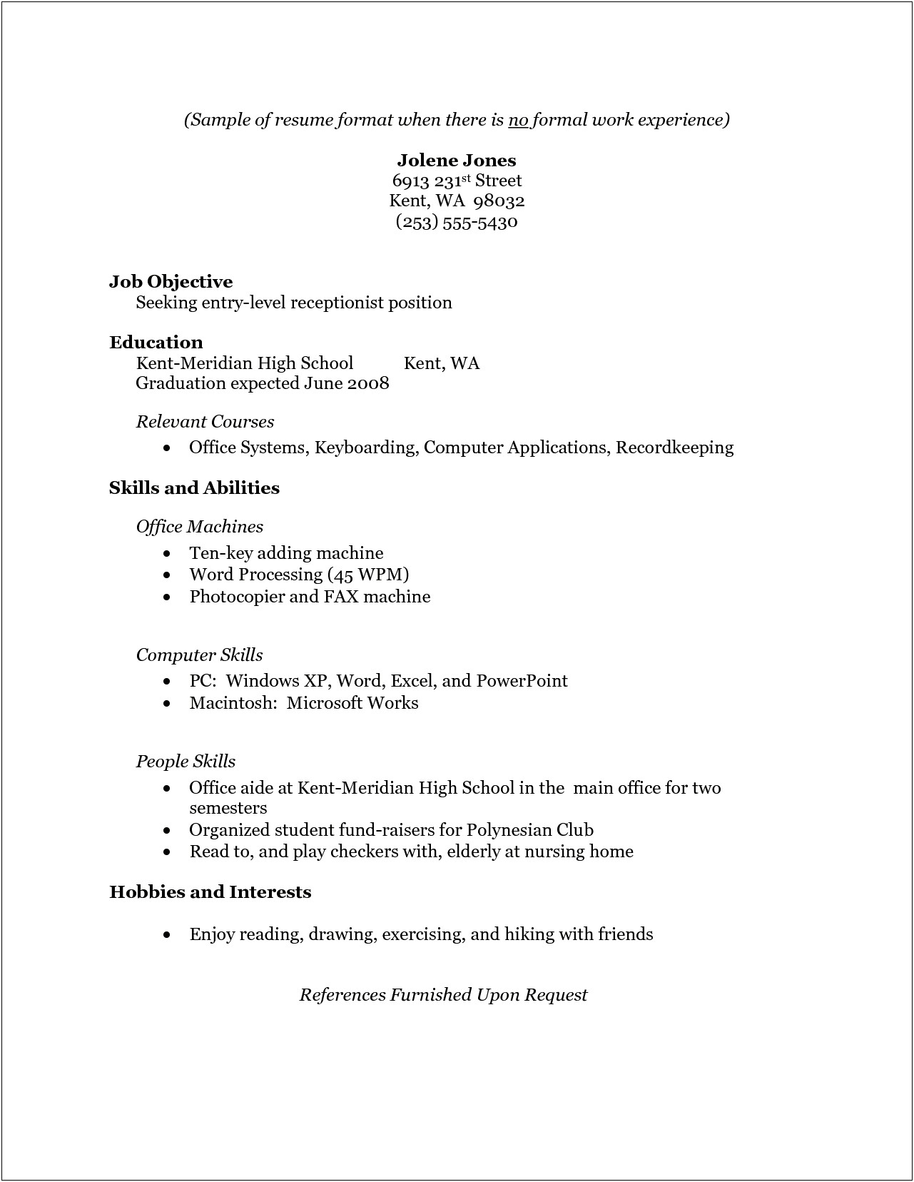 Resume Objectives For No Job Experience