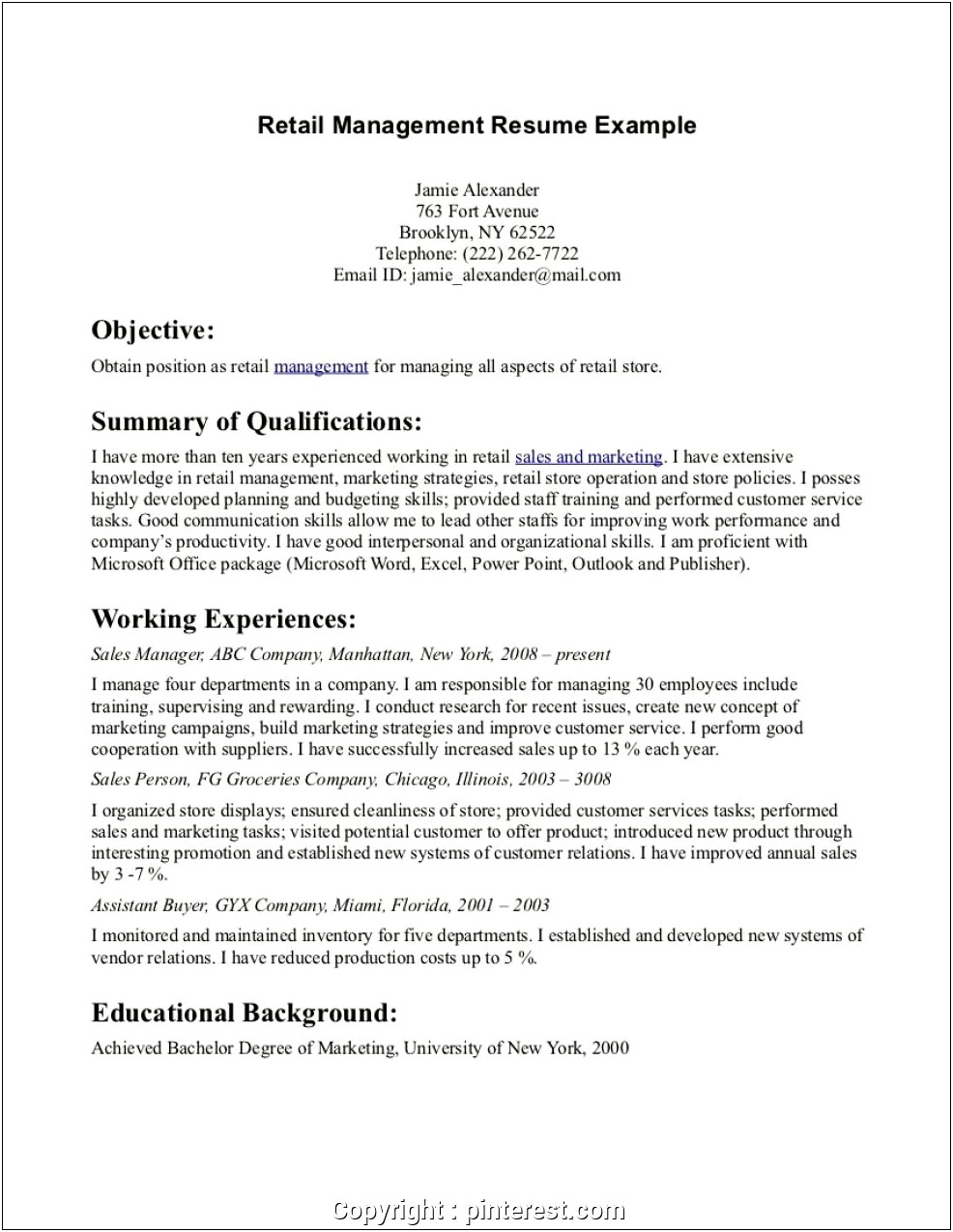 Resume Objectives For Retail District Manager
