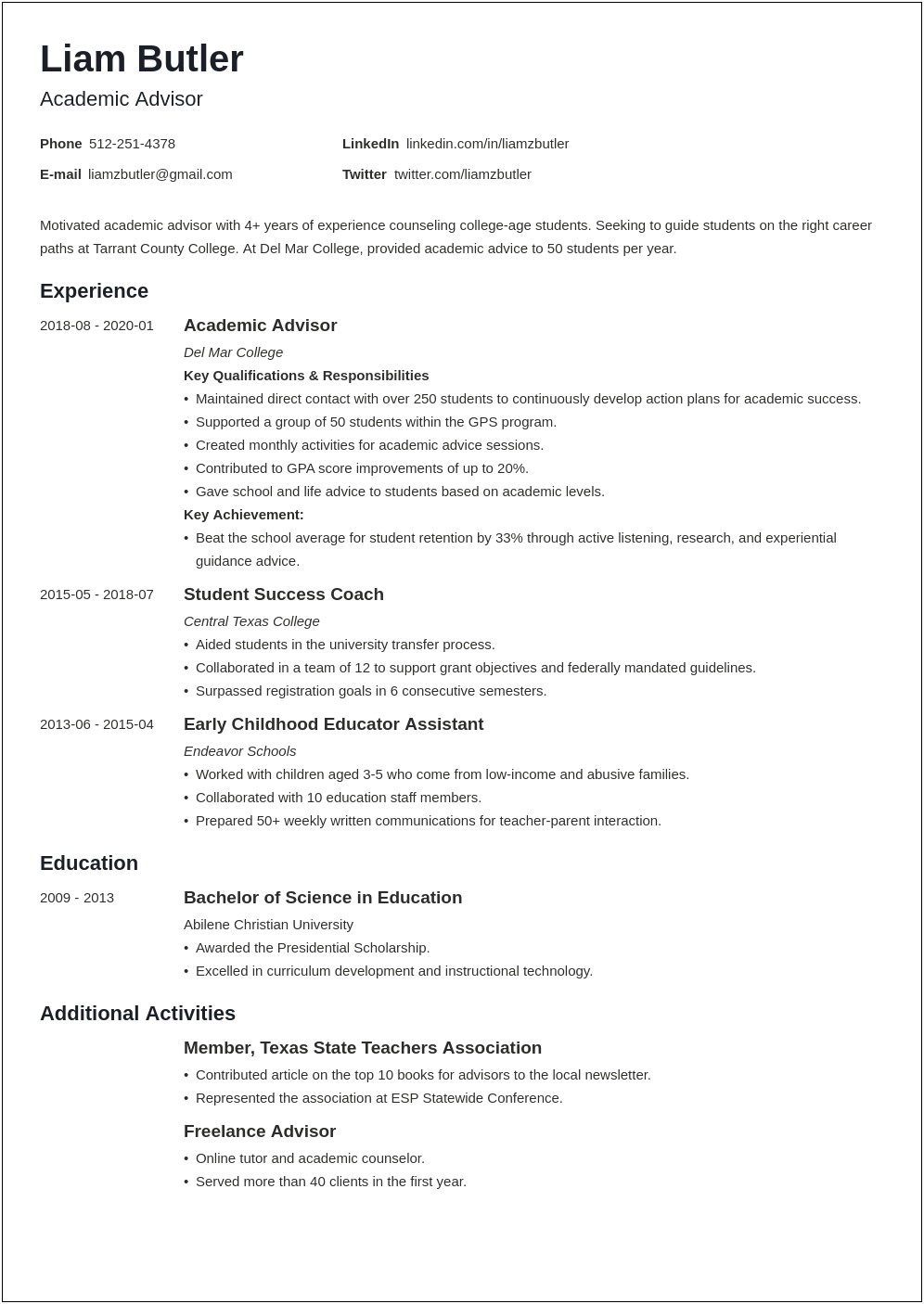 Resume Objectives For Student Advisor Position