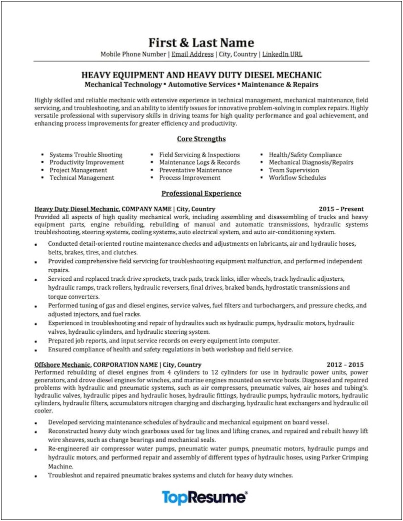 Resume Objectives Of Fleet Maintenance Management