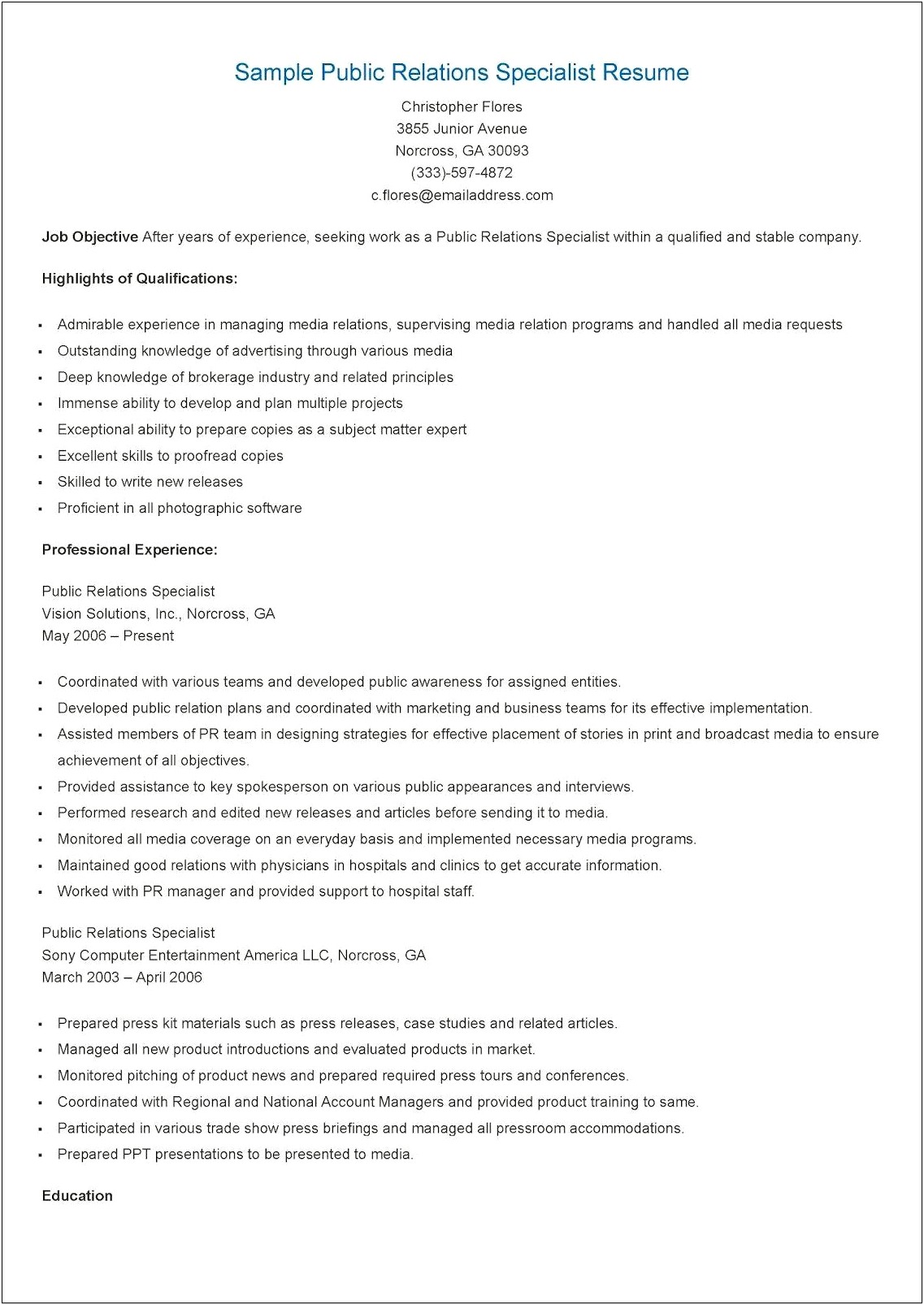 Resume Objectives Public Relations Public Works