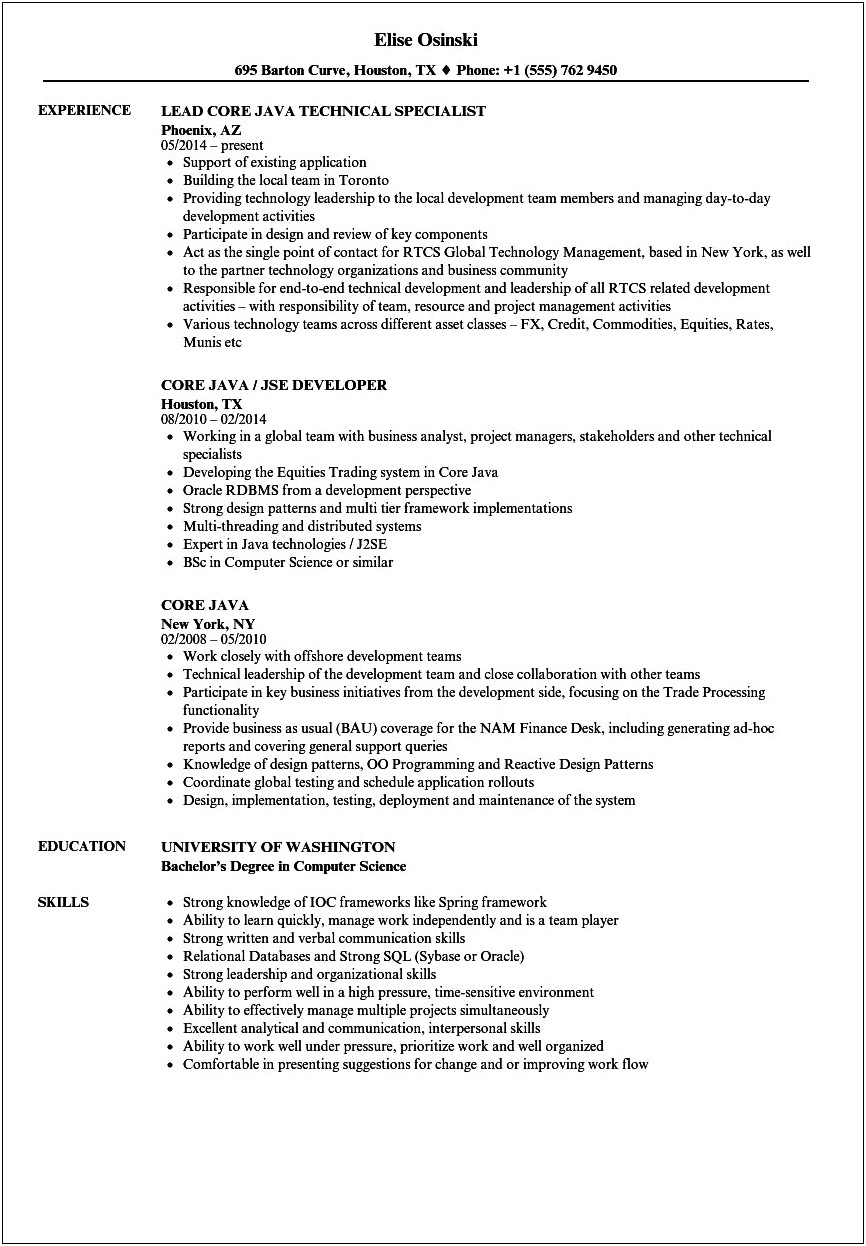 Resume Of 1 Year Experience In Java Developer