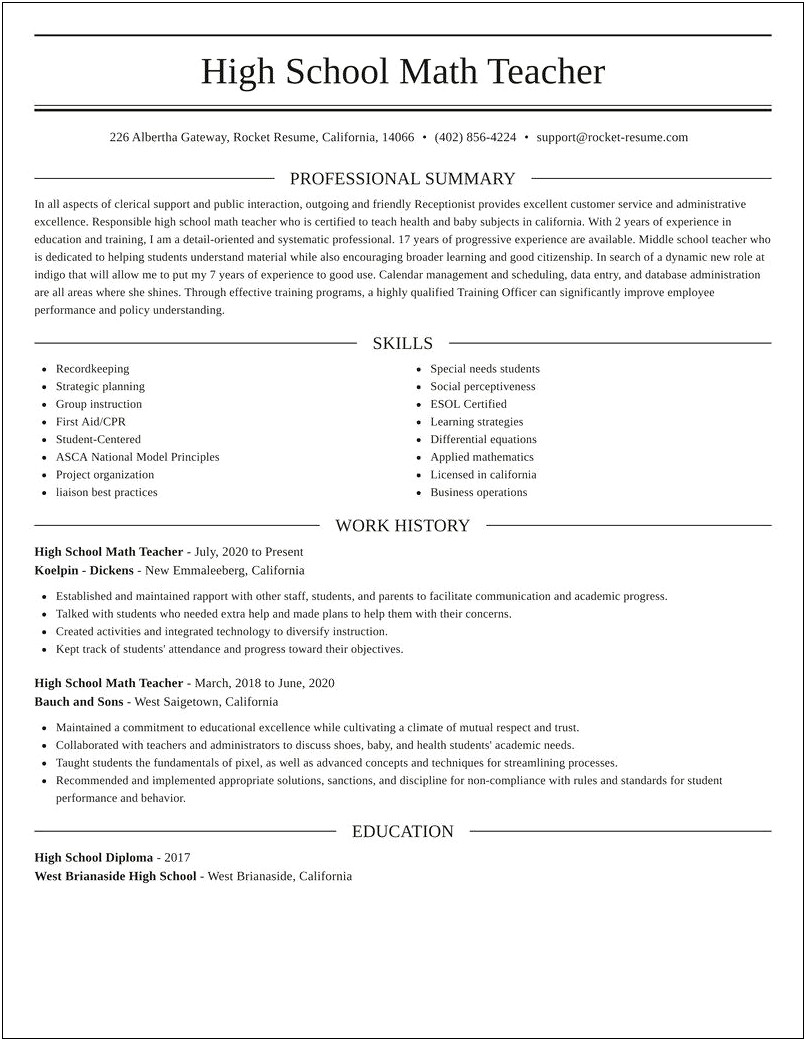 Resume Of A High School Math Teacher