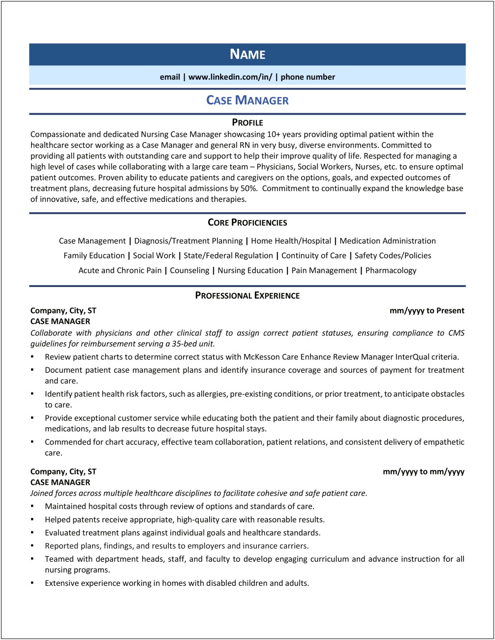 Resume Of A Hospital Case Manager